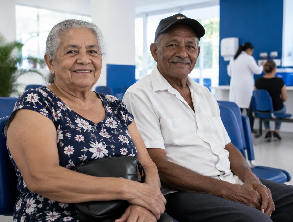 Casal da Geração 60+ aguardando atendimento em clínica de vacinação
